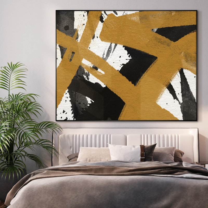 Impression d'art moderne encadré moderne abstrait noir et or coup de pinceau (assemblage de cadre requis), H 46 po x l 60 po