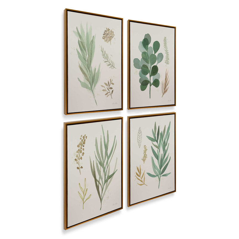 Ensemble de 4 «Earthy Greens in Bloom», H 19 po x l 52 po, Cadre flottant or poli