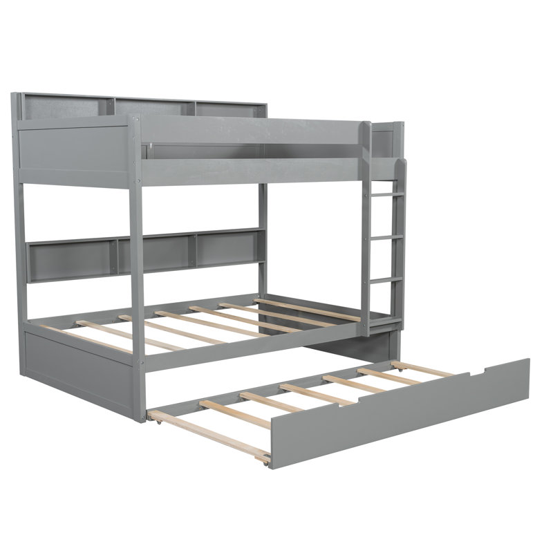 Astha Wood Bunk Bed with Trundle & Built-In Storage Shelves, Gray, Twin Over Twin