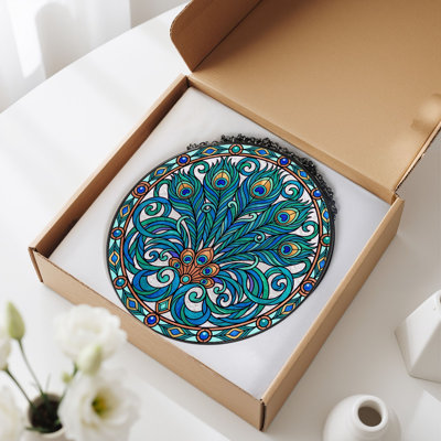 Peacock Feathers Stained Glass Window Panel，12"H