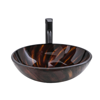 Lavabo de salle de bain en verre trempé ambré-brun, bonde escamotable pour une évacuation rapide de l'eau, hauteur 14,7 cm, installation sur plan, forme ronde, embellit le décor, poids 6,1 kg, facile à nettoyer.