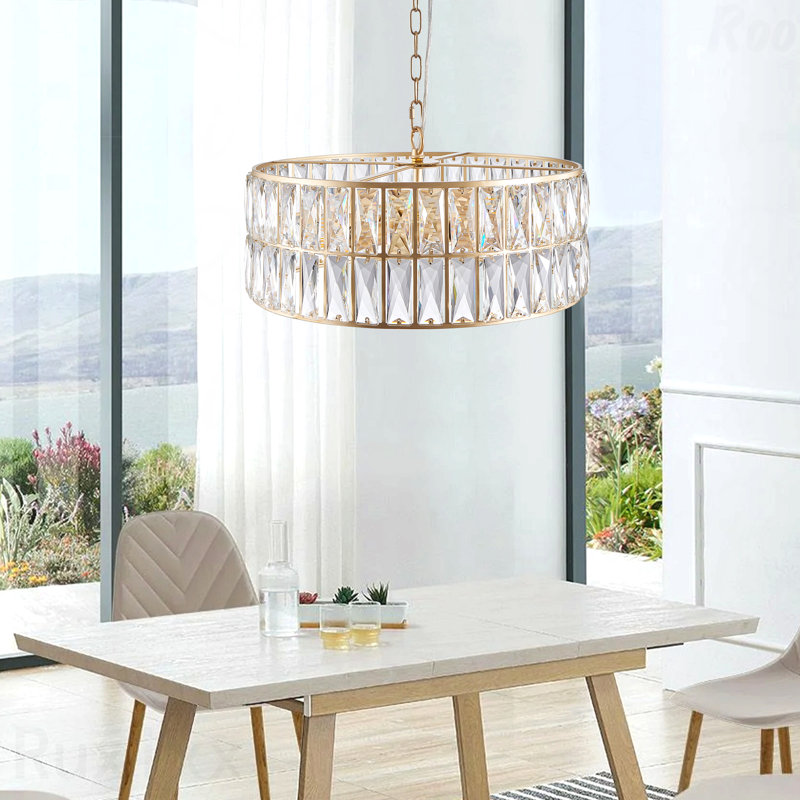 Lustre - tambour en cristal moderne à finition dorée 18 po, luminaire suspendu 6 lumières, cadre en métal, Doré
