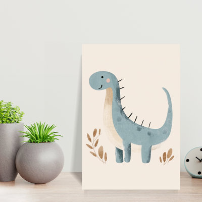Cute Blue Dinosaur Playful Abstract Contemporary Animal Plant Wall Art Print by Mathieu - Wrapped Canvas Print