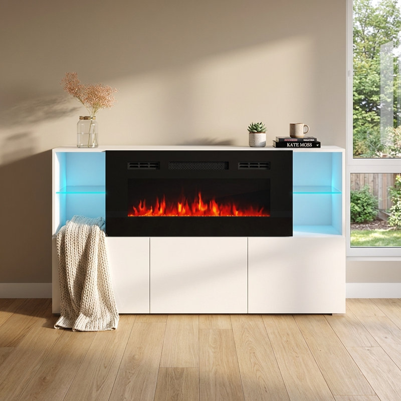Camberlynn 63" Sideboard with Electric Fireplace, High Gloss Finish, White