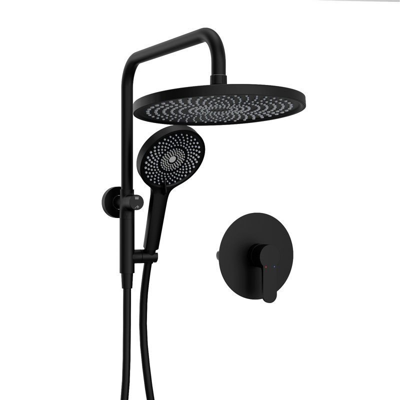 Ensemble de douche à barre ronde 2 jets avec douche à main 1,8 gallons par minute, Noir mat
