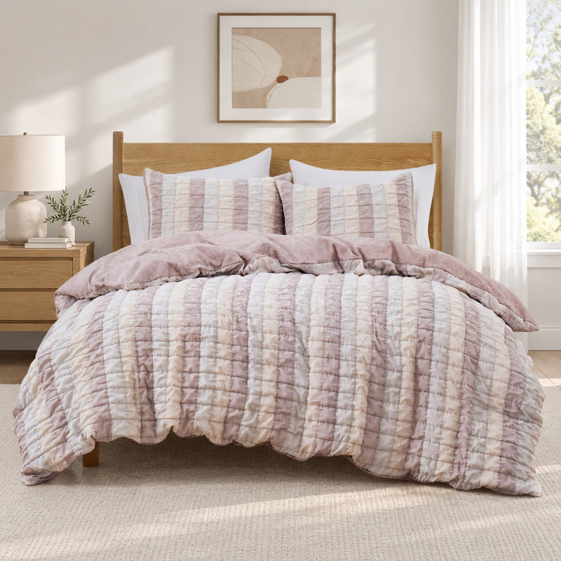 Chic Gingham Textured Duvet Cover Set with Hidden Zipper Closure & Corner Ties, All-Season, Machine Washable, Pink