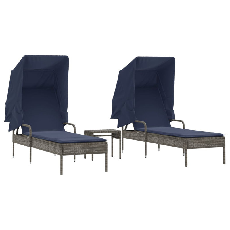 Chaises longues Hokku Designs 2 pièces avec auvents et table en rotin brun, Bleu marine / gris