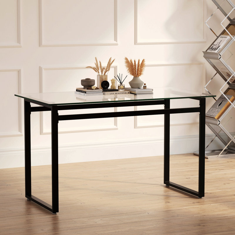 51" Modern Minimalist Rectangular Glass Dining Table For 4-6 With 0.31" Tempered Glass Tabletop And Chrome Metal Legs, Writing Table Desk, For Kitchen Dining Living Room