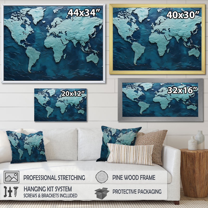 " Oceanic Ombre World Map ", 24" H x 32" W x 1" D, Black Single Picture Framed