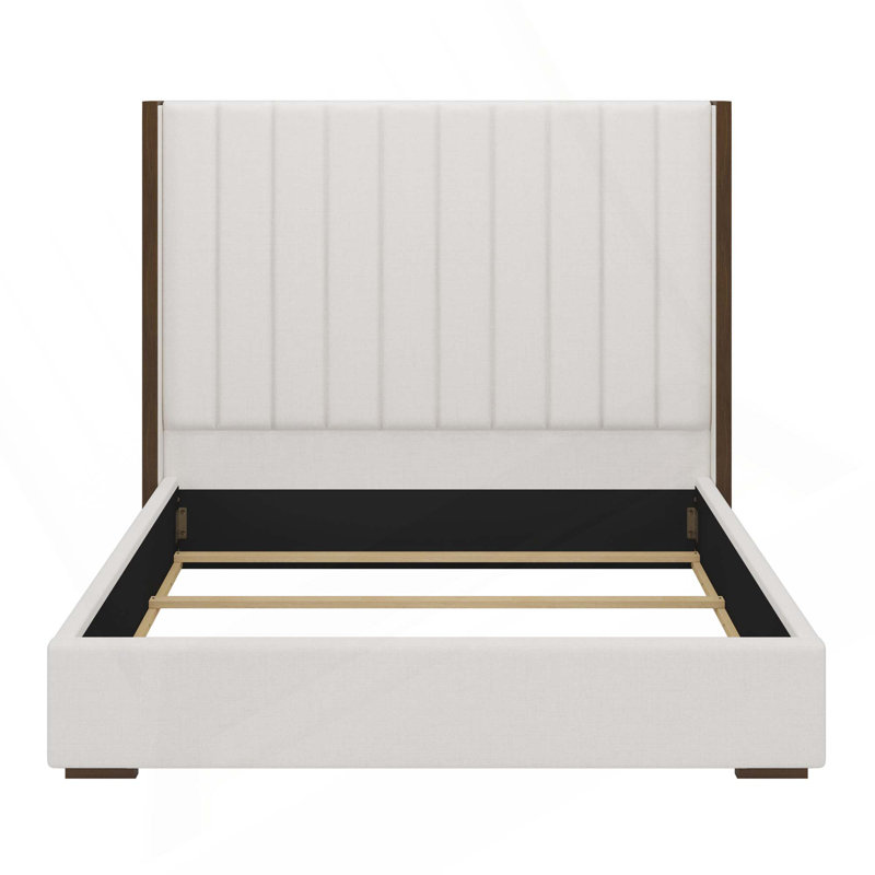 67.5" Tall Headboard Upholstered Bed With Vertical Striped & Wingback Design, Box Spring Needed, Beige