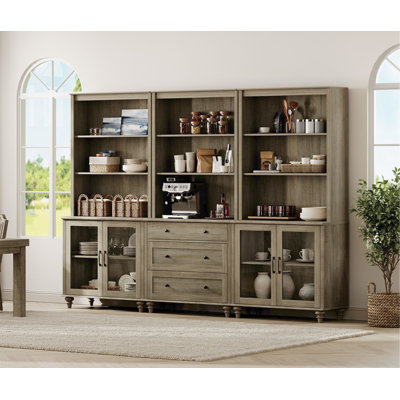 72.1'' Tall Kitchen Pantry Cabinet With 3 Drawers And 4 Glass Doors, Wash Gray