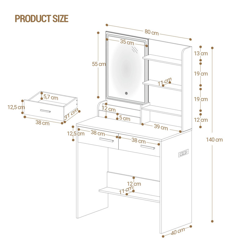 Dressing Table With LED Light, 2 Sockets And 2 USB Ports Dressing Table With 2 Drawers And 4 Open Shelves