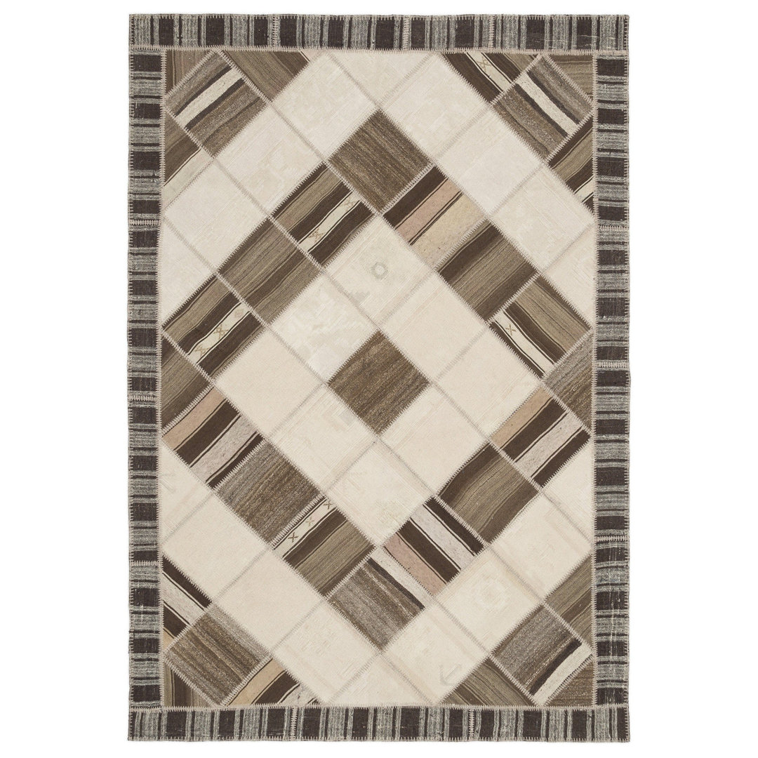 Teselya Beige Striped Wool Handmade Area Rug