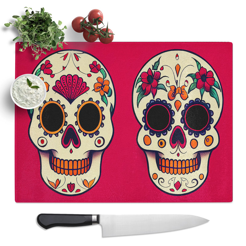 Floral Sugar Skulls  Glass Chopping Board