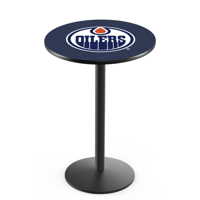 NHL Round Metal Base Dining Table, Black Wrinkle, Edmonton Oilers