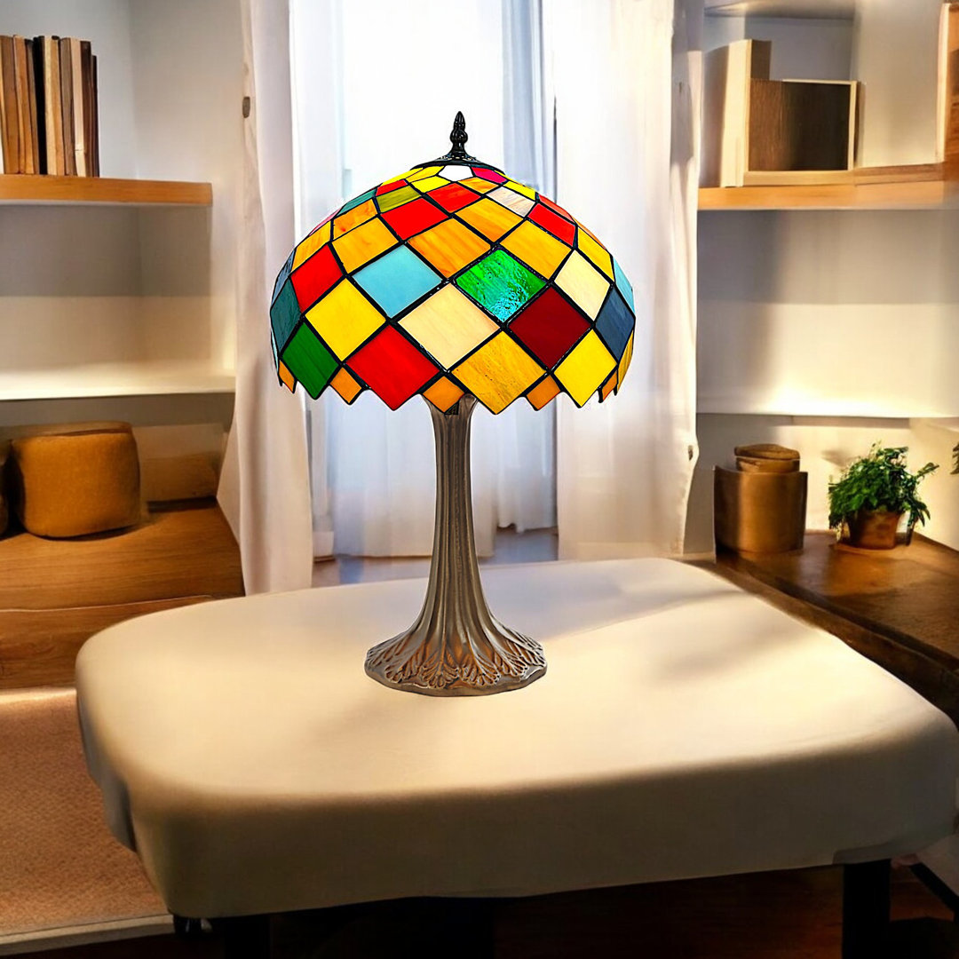 Tiffany Style Table Lamp, 49cm Height, Stained Glass Shade, Antique Bronze Leaf Base