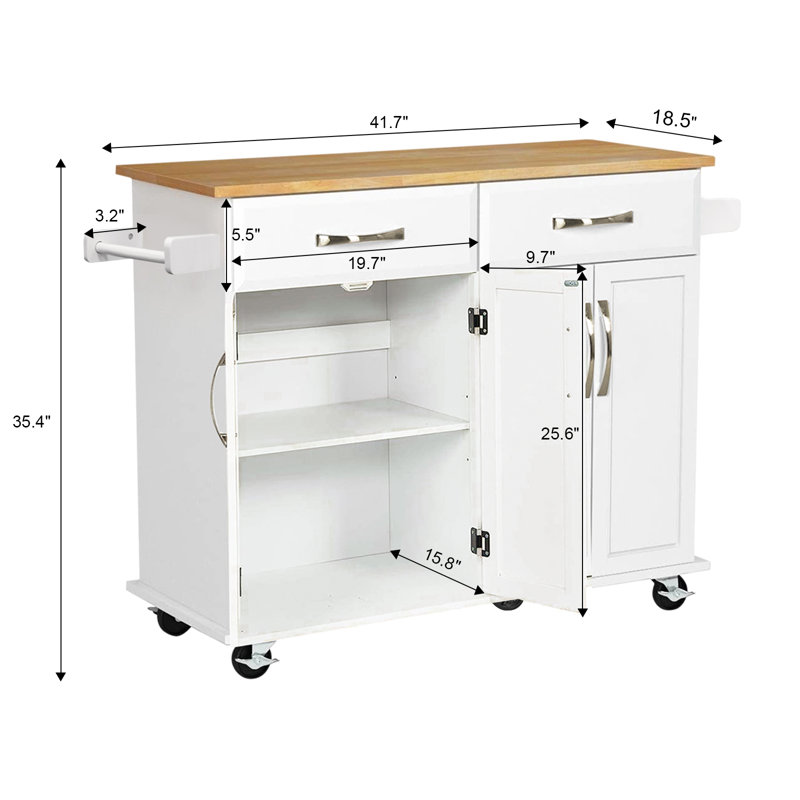 Chariot pour îlot de cuisine sur roulettes avec tiroirs de rangement et armoires, chariot de cuisine avec comptoir en bois d'hévéa