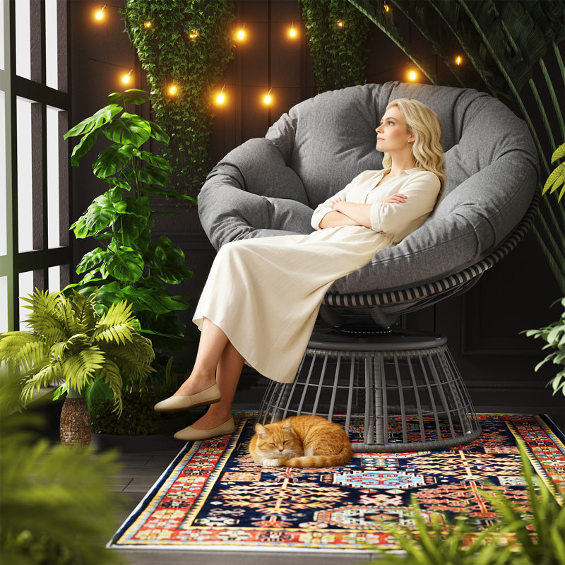 Fauteuil Papasan surdimensionné de 107 cm (42 po), fauteuil de lecture rond pivotant à 360° en osier avec coussin épais, fauteuil de détente ergonomique supportant jusqu'à 159 kg (350 lb) pour terrasse intérieure/extérieure, salon, chambre à coucher