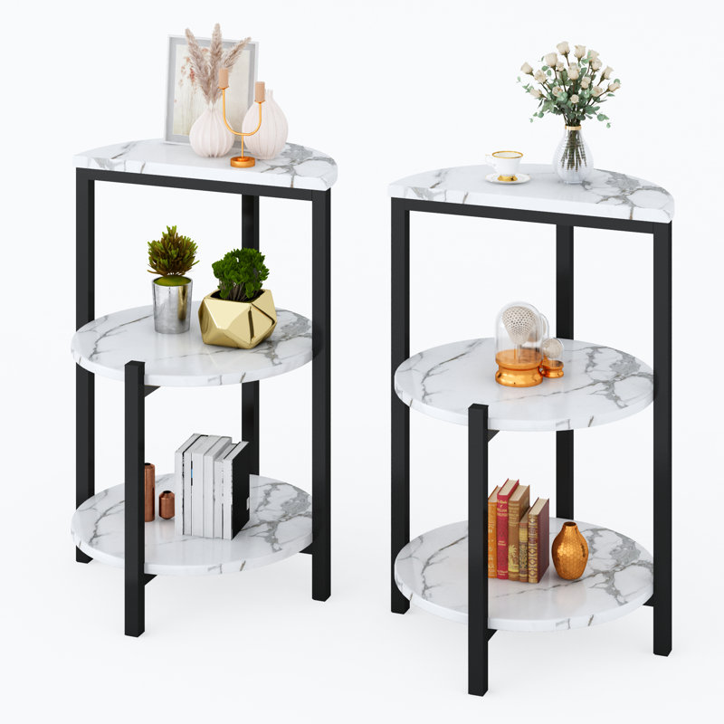 3-Tier End Table Living Room Set Of 2, Modern Style Faux Marble Side Table With Metal Frame And Soft Rubber Foot Pads, Small Nightstand Bedside Table 2 Pieces Set