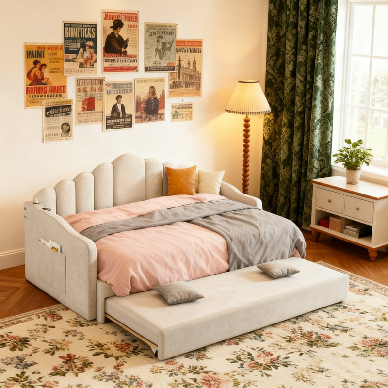 Upholstered Daybed with Trundle ,Velvet Sofabed with USB Charging Ports, Beige