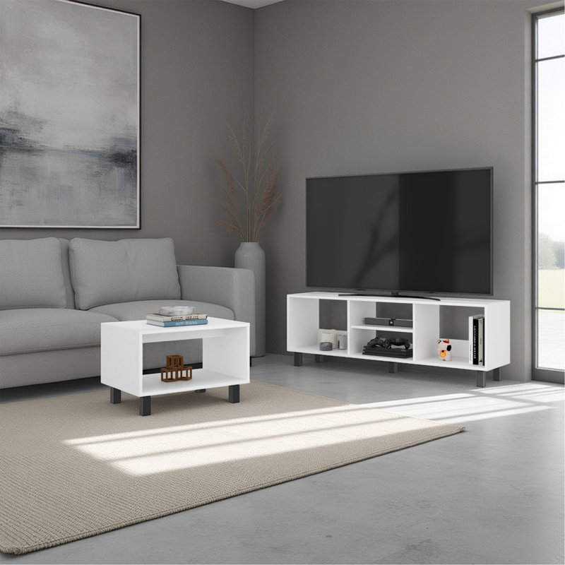 Ensemble de salon 2 pièces Carter, simplifié avec meuble télé et table basse, blanc Carter
