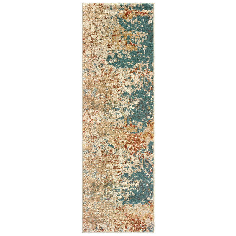 Tapis abstrait bleu / orange Ernie, Tapis de couloir 2 pi 3 po x 7 pi 6 po