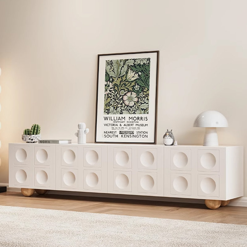 Creamy white simple solid wood TV cabinet, 86.61"