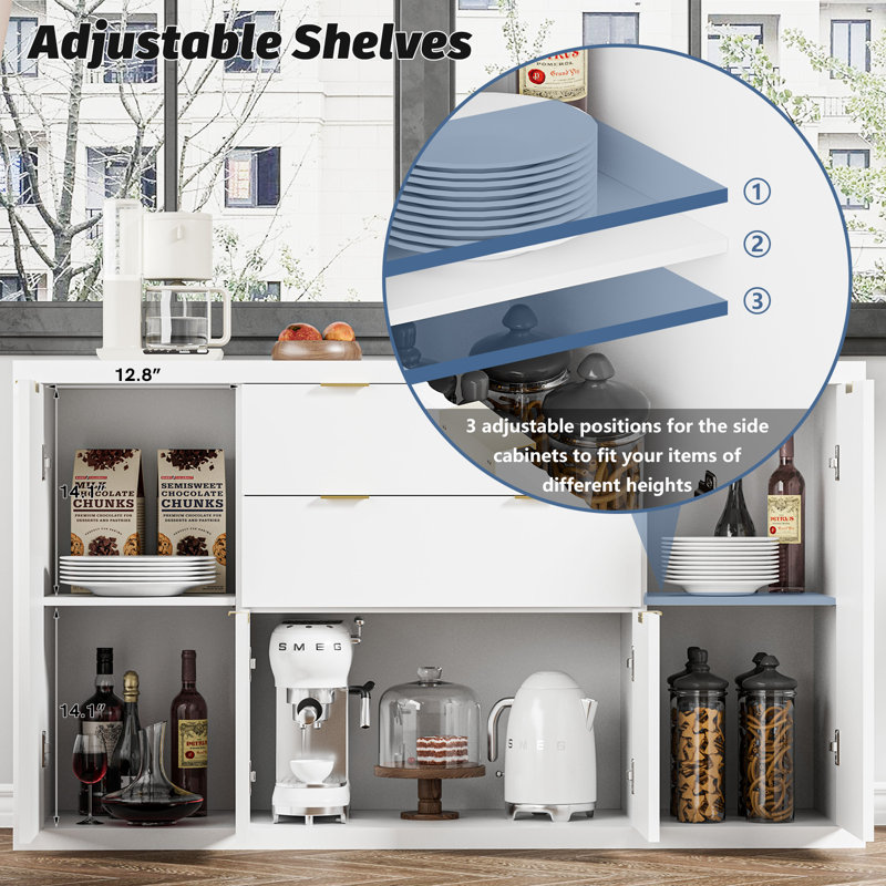 56” W Sideboard Buffet with 2 Drawers, Storage Cabinets, Buffet Table with Adjustable Shelves, White