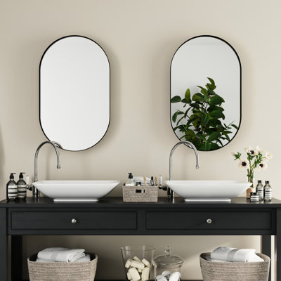 Armoire à pharmacie 21,03 x 33,31 x 4,45 pouces, miroir encadré en métal ovale, noir mat, tablettes réglables fixées au mur ovales 20 x 34, cadre noir avec