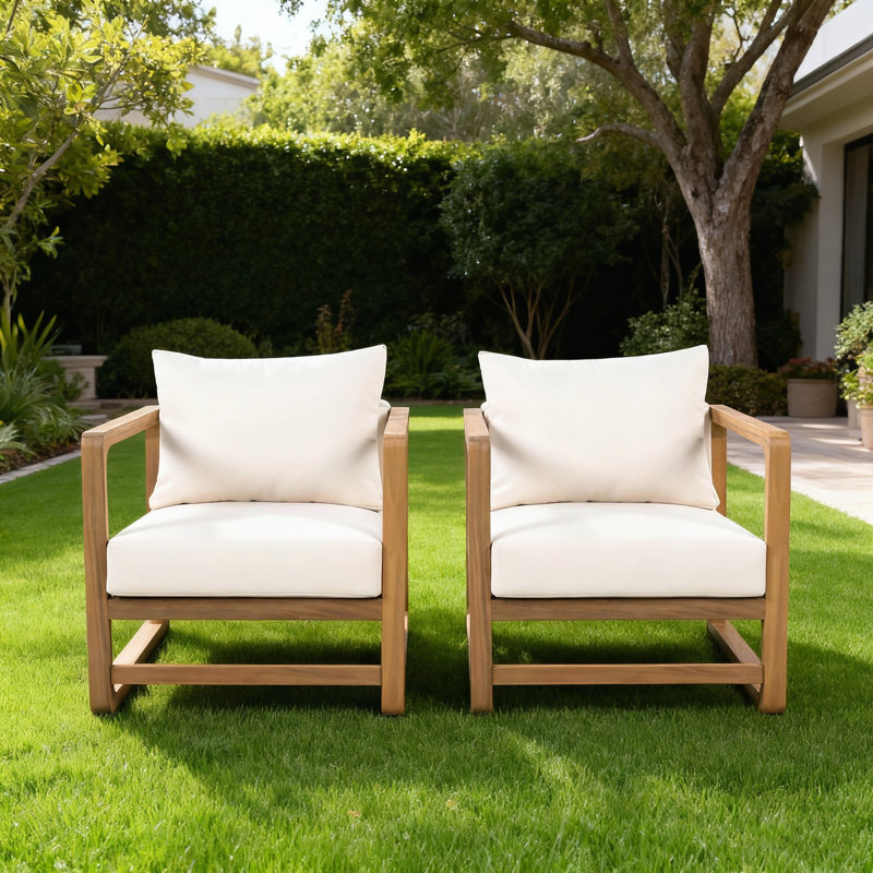 Durable Acacia Wood Outdoor Lounge Chair with Oversized Seat and Plush White Cushions for Ultimate Comfort and Style., 2