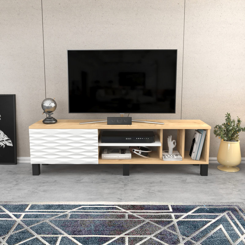 Meuble télé moderne 55,1 po x 13,8 po x 15,9 po | 100% panneau de particules enduit de mélamine, épaisseur: 0,7 pouce | Conception géométrique élégante, parfaite pour les salons contemporains et les espaces de divertissement
