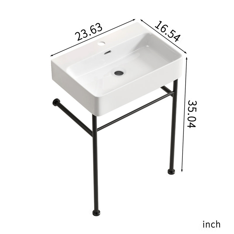 Lavabo de salle de bain autoportant 24 po * 16,5 po * 34,65 po avec pieds en acier inoxydable et support mural en céramique cuve blanche