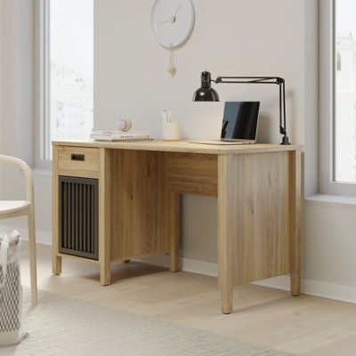 Sarjeet Modern Scandinavian Style Desk with Slatted Door and 1 Drawer, Engineered Wood, Warm Oak Decor/Black, 125 cm W x 72.3 cm H x 56.5 cm D