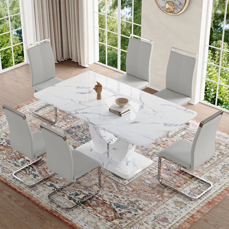 Ensemble de table de salle à manger, Gris léger / argent, Marbre blanc, 7 pièces