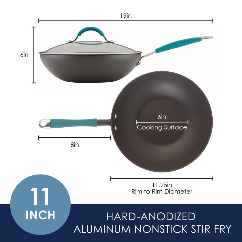 Rachael Ray Cucina Hard Anodized Nonstick Stir Fry Pan with Lid, 11 Inch, Gray, Agave Blue Handles