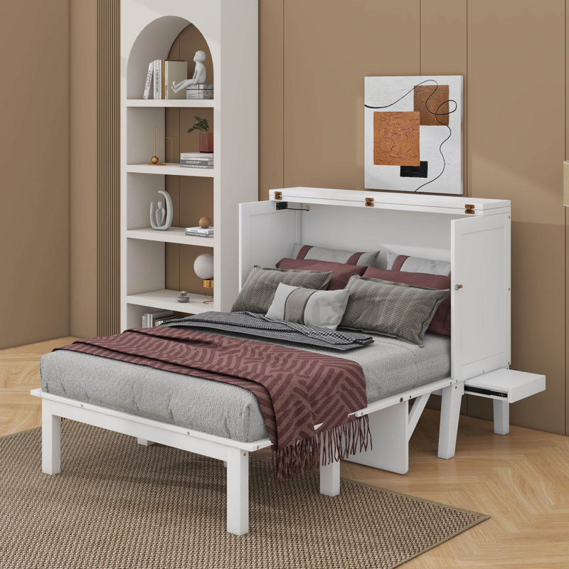 Lit escamotable avec port USB et tablettes amovibles, Double, Blanc