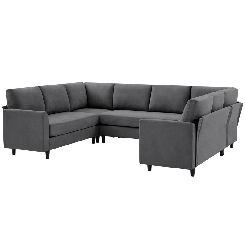 Dorch 107.3" Sectional Sofa With Armrest Black Legs And Moveable Ottoman Seater For 8, Teal Fabric