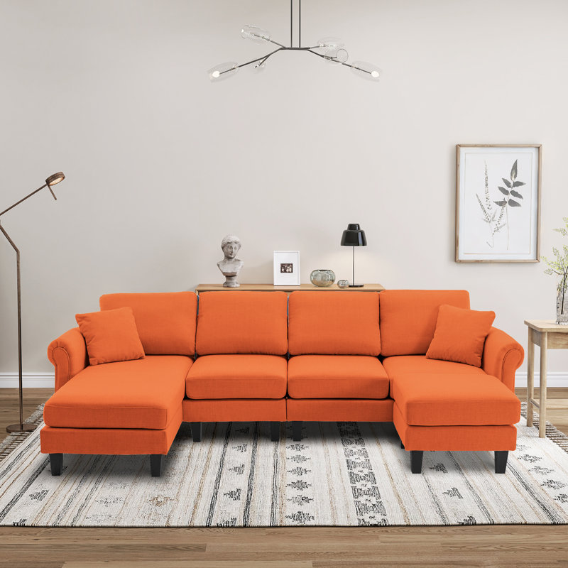 Canapé modulaire en L Dekara, 100 % lin orange