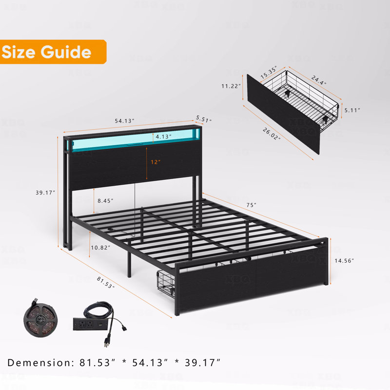 Structure de lit double avec tête de lit avec rangement et 2 tiroirs, lit à lumières DEL avec station de charge, lit plateforme en métal sans bruit, sommier à lattes métalliques solides, sans sommier