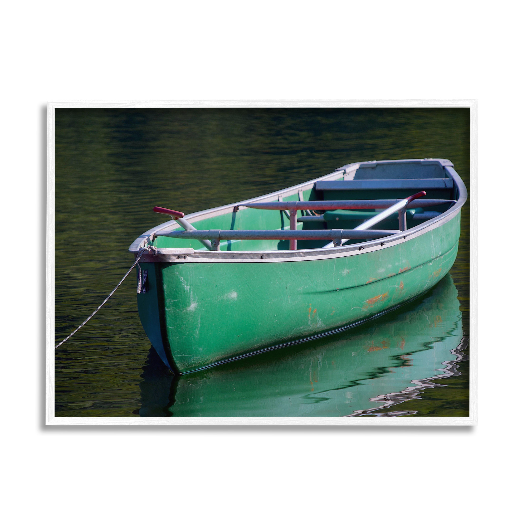 Stupell Industries Green Rowboat Canoe Floating Lake Dock Photography Photograph Black Framed Art Print Wall Art, Design by Daphne Polselli