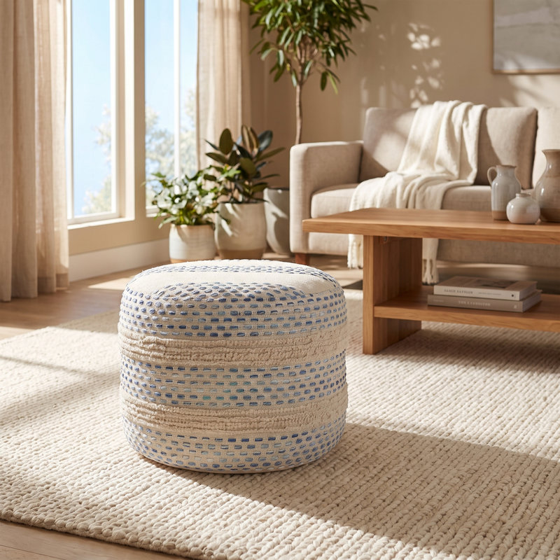 Lebo Handmade Farmhouse Striped Round Indoor Pouf Ottoman, Blue