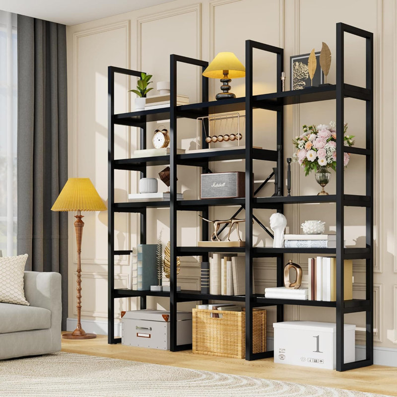 5-Tier Geometric Bookcase With Metal Frame, 71 Inch Tall Industrial Bookshelf For Living Room, Office, And Bedroom Storage