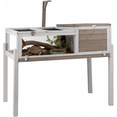 Tortoise Enclosure with Stand, Dual-Zone Habitat with Hide Area, Built-In Lamp Holder, Acrylic Viewing Window, Indoor Reptile Home