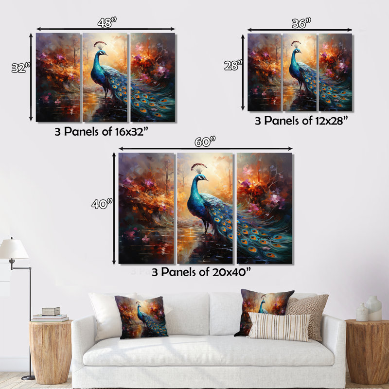 «Peacock Expressionist Portrait II», art mural sur toile paon, H 16 po x l 32 po x P 1 po, Cadre flottant brun