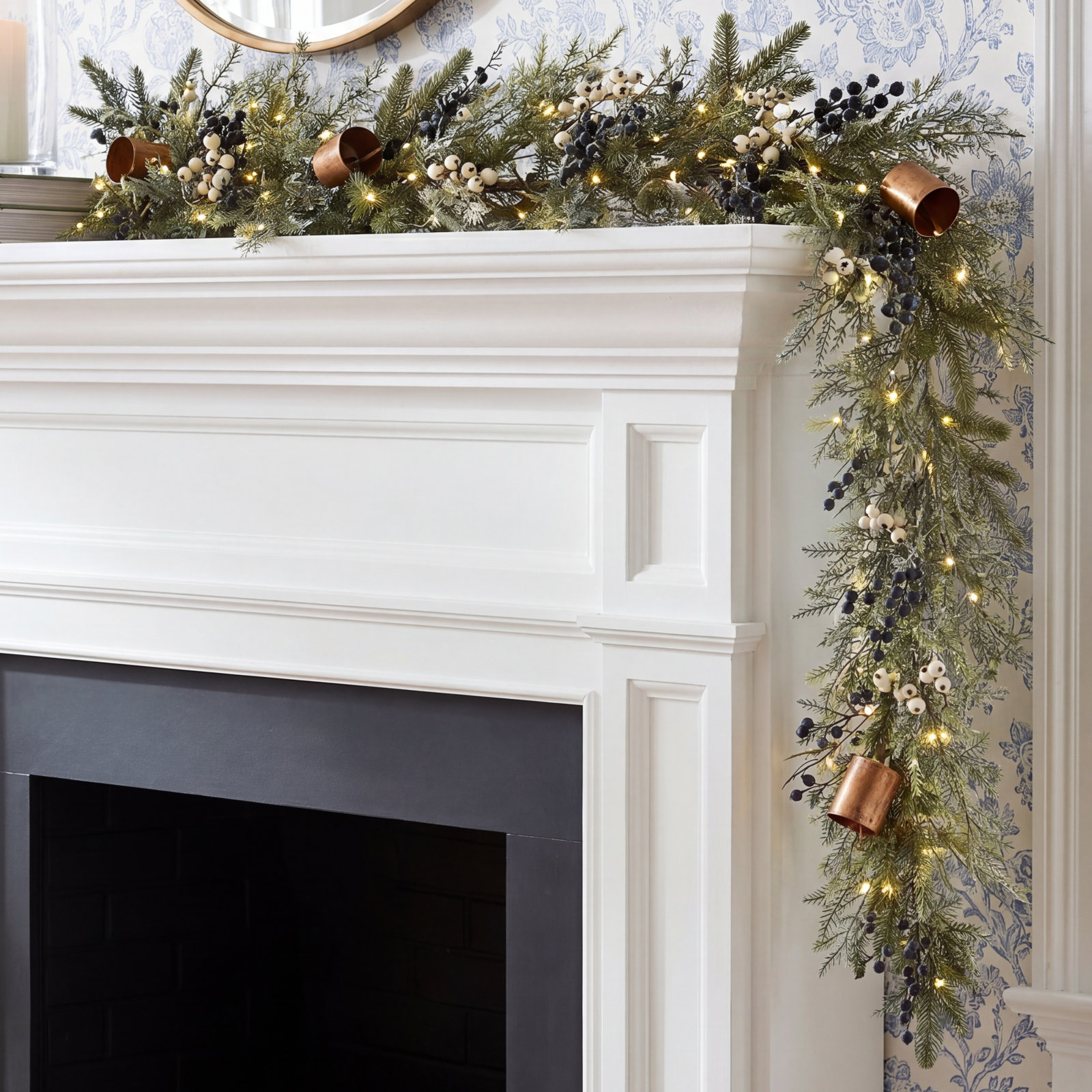 Mixed Mica Foliage with Blueberries and Harmony Bells 9ft Garland Pre-Lit Fairy Lights B/O