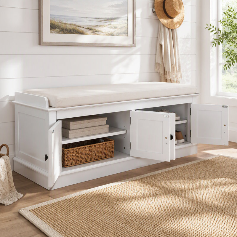Banc de rangement avec 4 portes et tablettes réglables, Blanc