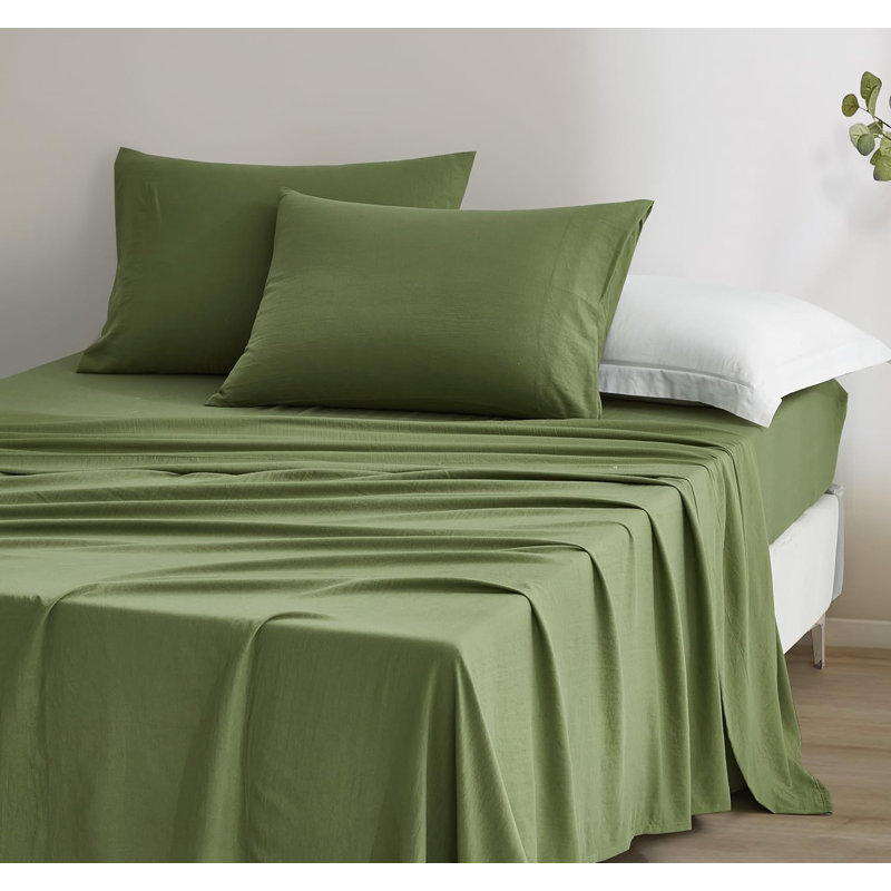 Washed Microfiber Bedding Microfiber Sheet Set, Queen Sheet Set + Fitted Sheet + 2 Pillowcases, Olive Green