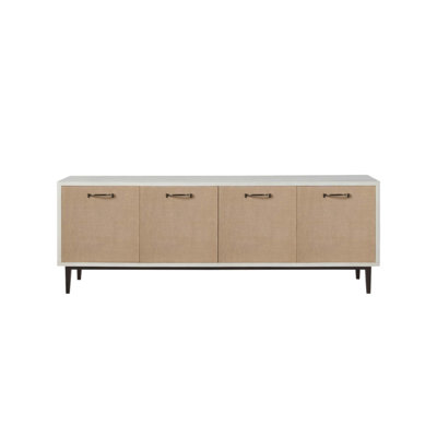 Console de 80 pouces avec tablettes réglables, finition bicolore et charnières à fermeture en douceur pour un rangement élégant