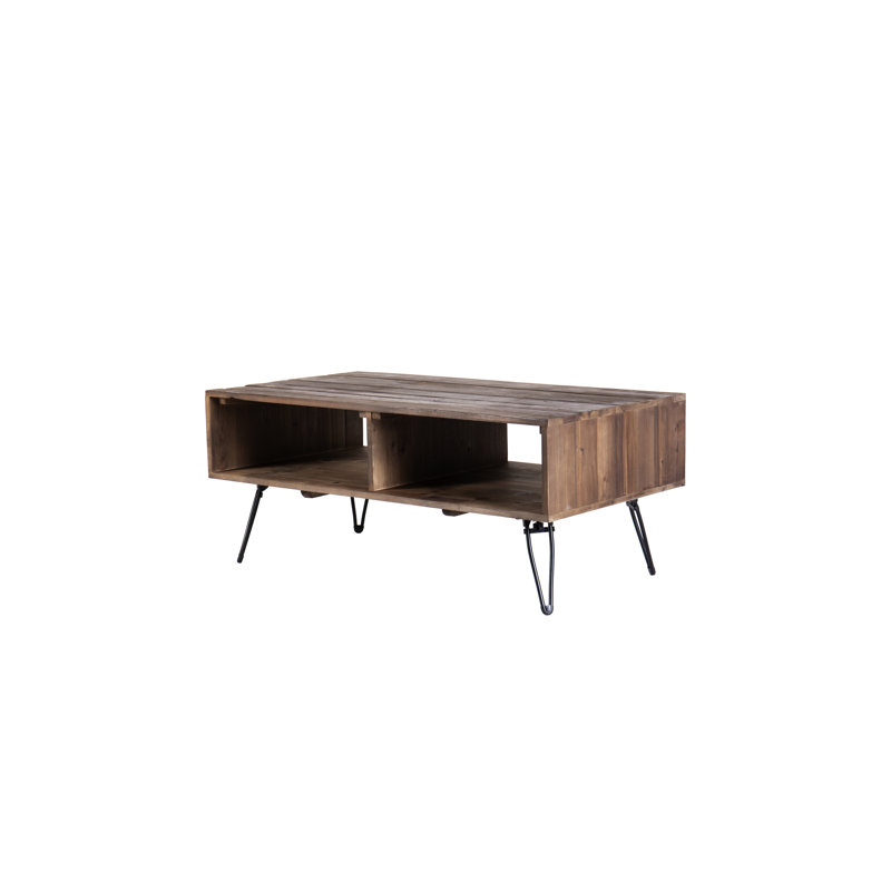 Table de salon en bois récupéré avec rangement ouvert, pliable, pieds en métal, charme rétro, finition cocktail de style noir / naturel pour l'espace