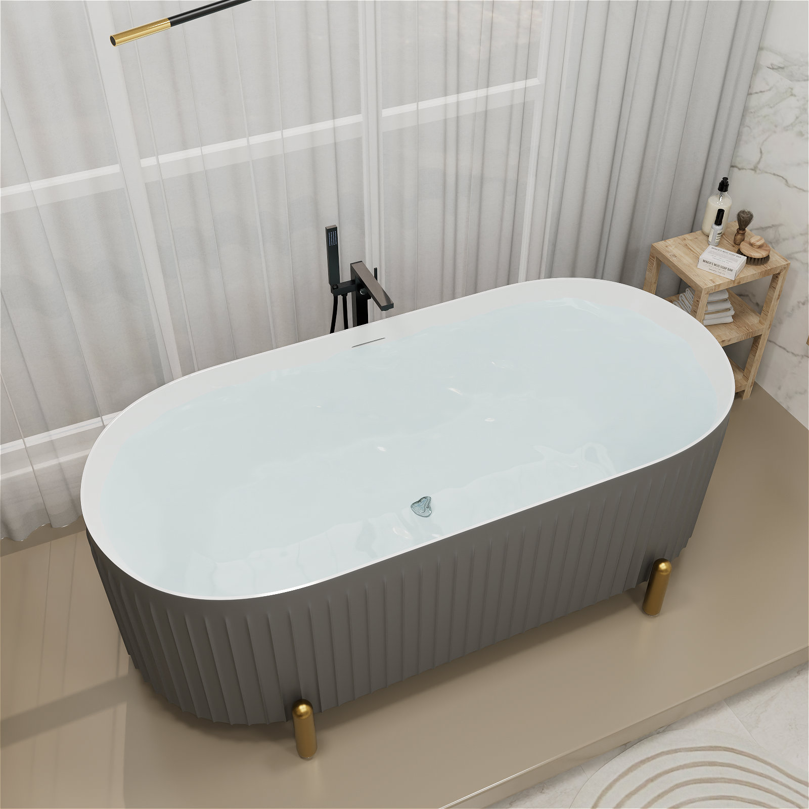 Colour 67" Fluted Freestanding Soaking Bathtub, Gray